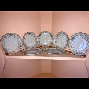 Vintage 7 Teacup Saucers Wade DIANE Fine Porcelain China Blue Scroll Silver Trim